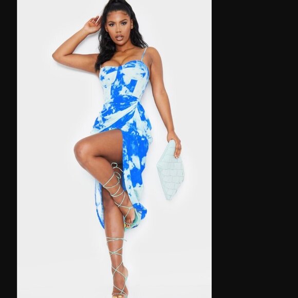 PrettyLittleThing Blue Tie Dye Print Satin Ruched Skirt Corset Detail Midi Dress - Picture 1 of 13